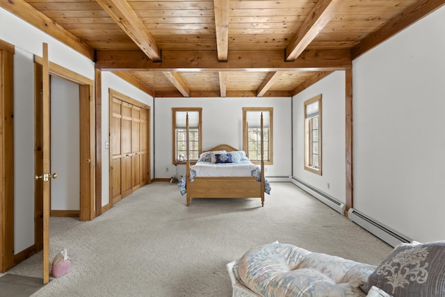 bedroom with beamed ceiling, light colored carpet, wood ceiling, and a baseboard radiator