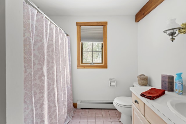 bathroom with tile patterned floors, beamed ceiling, toilet, a baseboard radiator, and vanity