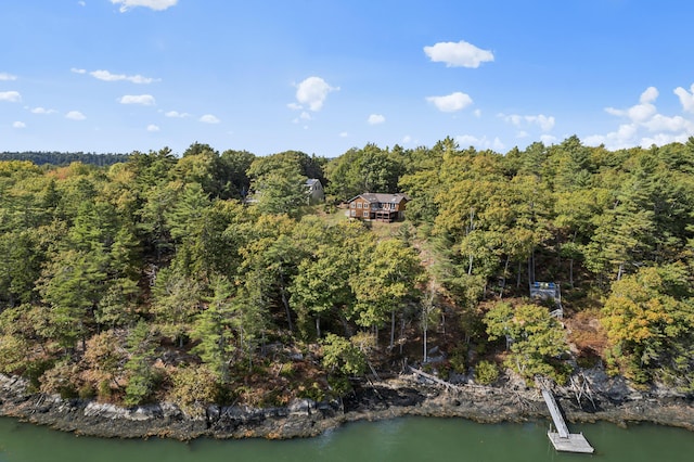 aerial view of property's location with a heavily wooded area and a large body of water