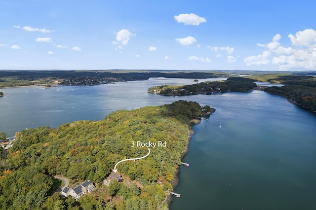 drone / aerial view of a nearby body of water and a forest