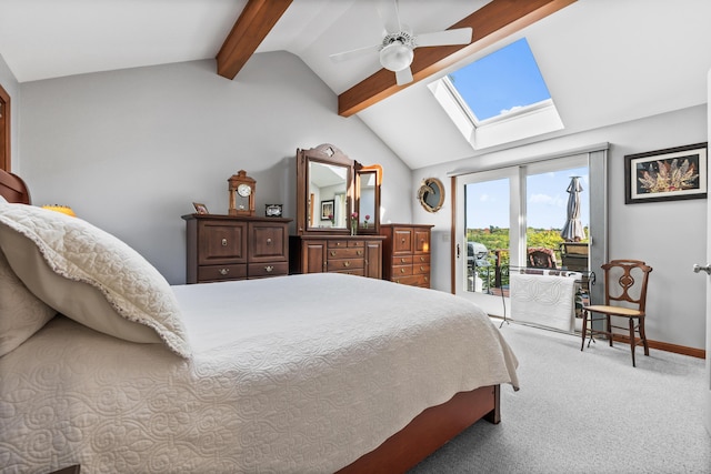 carpeted bedroom with access to outside, a skylight, baseboards, and a ceiling fan
