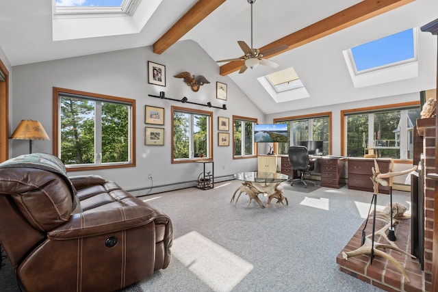 carpeted living room featuring a skylight, beam ceiling, a desk, high vaulted ceiling, and a baseboard radiator