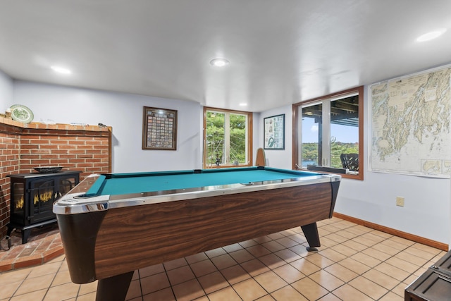 game room with a wood stove, light tile patterned floors, billiards table, baseboards, and recessed lighting