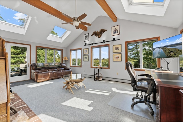 office space with a skylight, carpet floors, a baseboard heating unit, beam ceiling, and high vaulted ceiling