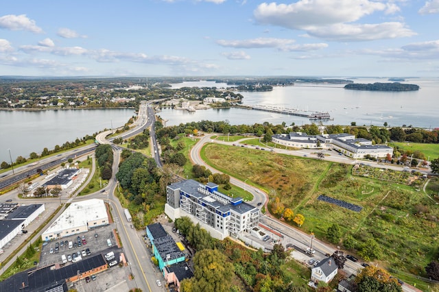 bird's eye view with a water view