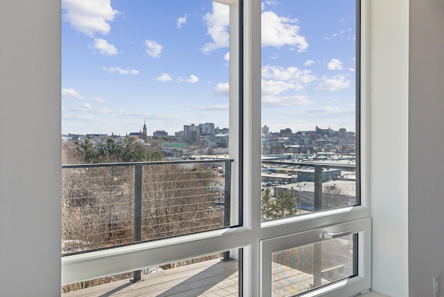 interior space featuring a view of city