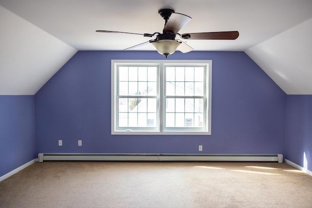 additional living space featuring lofted ceiling, a baseboard heating unit, a ceiling fan, and carpet floors