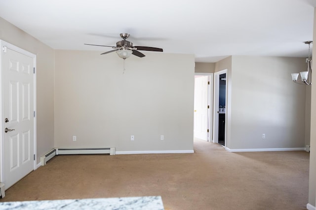 spare room featuring baseboards, baseboard heating, carpet flooring, and ceiling fan with notable chandelier