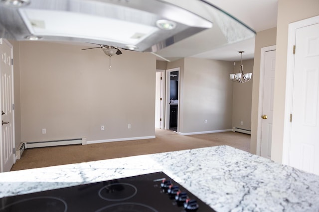 unfurnished bedroom with light carpet, baseboards, a chandelier, and a baseboard radiator