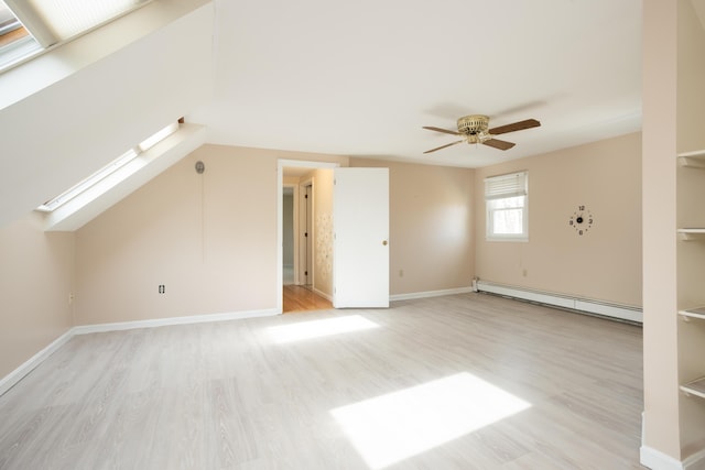 additional living space featuring light wood finished floors, baseboards, ceiling fan, and a baseboard radiator