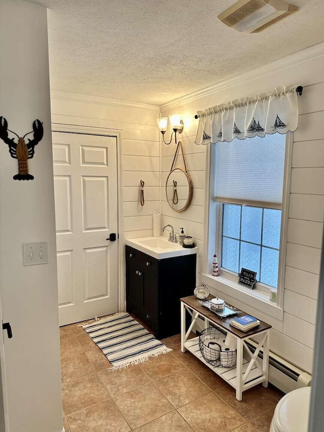 bathroom with visible vents, crown molding, a textured ceiling, and vanity