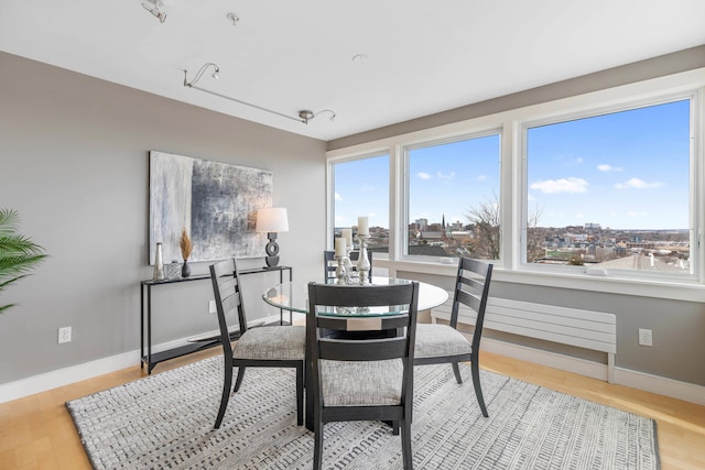 dining room featuring a city view, wood finished floors, and baseboards