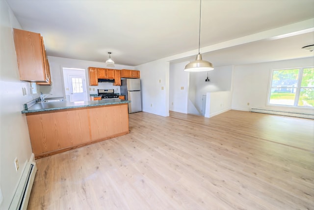 18 Oak St, Camden, ME 04843 - kitchen with a baseboard radiator, appliances with stainless steel finishes, a peninsula, baseboard heating, and light wood finished floors
