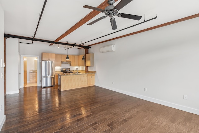 unfurnished living room with baseboards, ceiling fan, a sink, dark wood-type flooring, and a wall mounted air conditioner