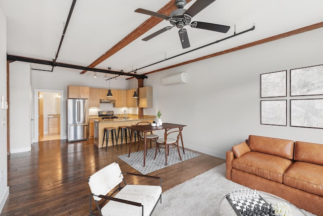 living room with dark wood-style floors, ceiling fan, a wall mounted air conditioner, and baseboards