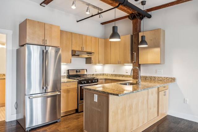 kitchen featuring light stone counters, a peninsula, a sink, stainless steel appliances, and under cabinet range hood