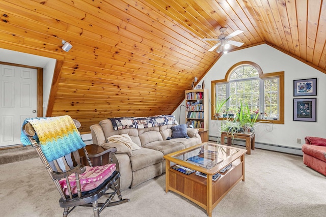 16 Rockaway Rd, Falmouth, ME 04105 - living room featuring wooden ceiling, a ceiling fan, carpet flooring, and lofted ceiling