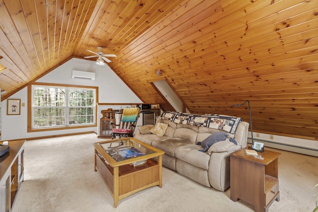 16 Rockaway Rd, Falmouth, ME 04105 - carpeted living room with a ceiling fan, baseboard heating, wooden ceiling, lofted ceiling, and a wall mounted air conditioner