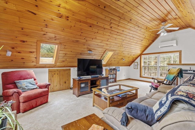 16 Rockaway Rd, Falmouth, ME 04105 - living room featuring an AC wall unit, carpet flooring, vaulted ceiling with skylight, a ceiling fan, and wood ceiling