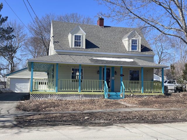 view of front of house featuring driveway, roof with shingles, a porch, a chimney, and a garage