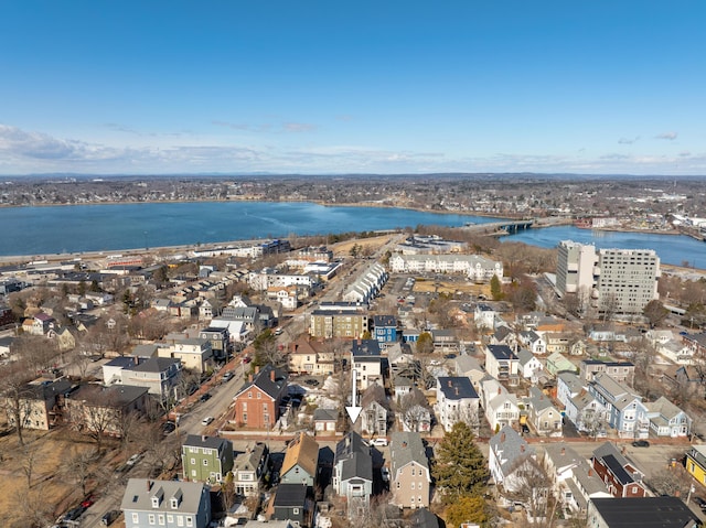 bird's eye view featuring a residential view and a water view