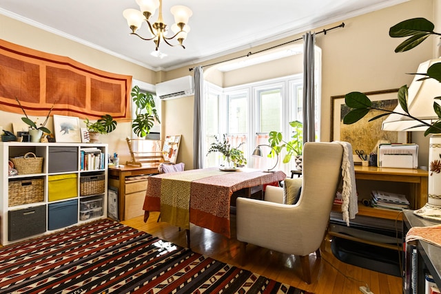 dining room with a wall mounted air conditioner, a chandelier, hardwood / wood-style floors, and crown molding