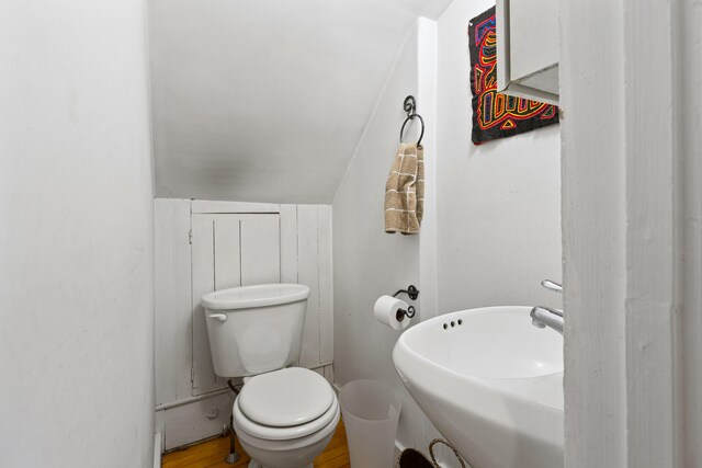 bathroom featuring lofted ceiling, toilet, and a sink