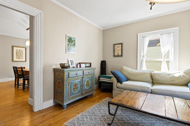 living room featuring crown molding, wood finished floors, and baseboards