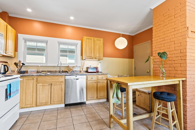 kitchen featuring light tile patterned floors, light brown cabinets, white electric stove, ornamental molding, and dishwasher