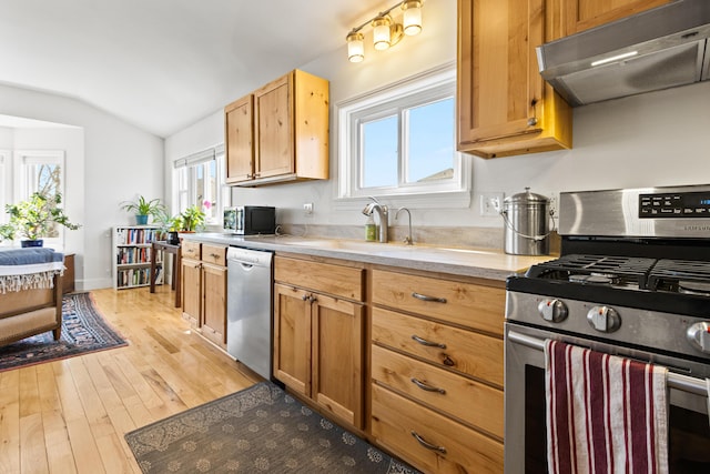 kitchen featuring under cabinet range hood, light wood-type flooring, lofted ceiling, appliances with stainless steel finishes, and a sink