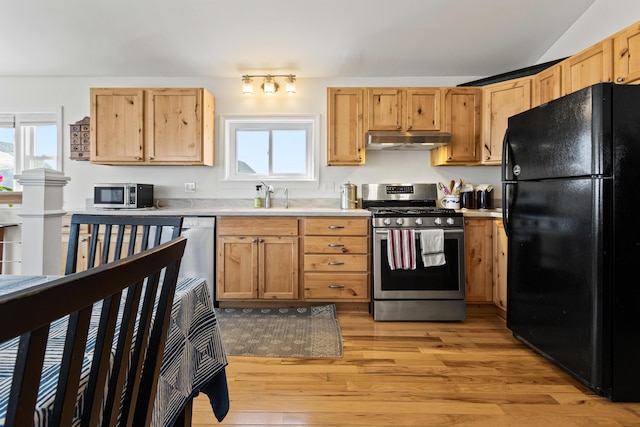 kitchen featuring light countertops, light wood-type flooring, under cabinet range hood, and stainless steel appliances