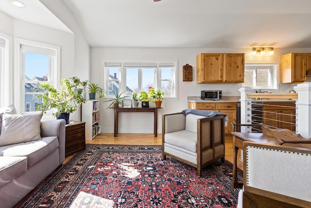 living room featuring a wealth of natural light, light wood-type flooring, and wine cooler