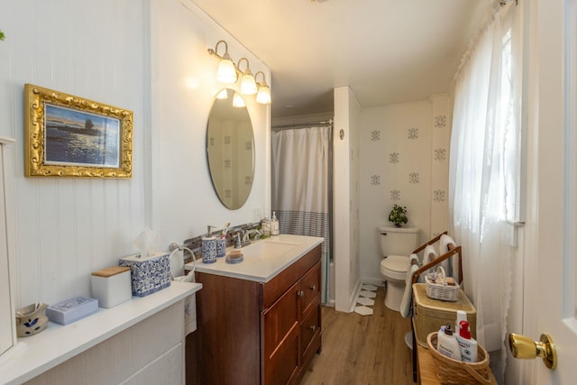 bathroom featuring vanity, toilet, and wood finished floors