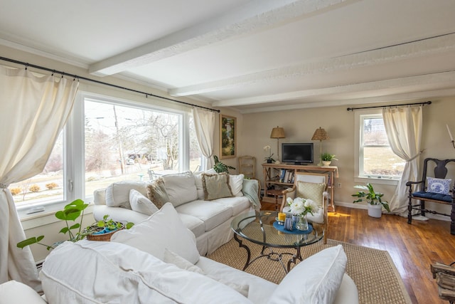 living area featuring beamed ceiling, baseboards, and wood finished floors