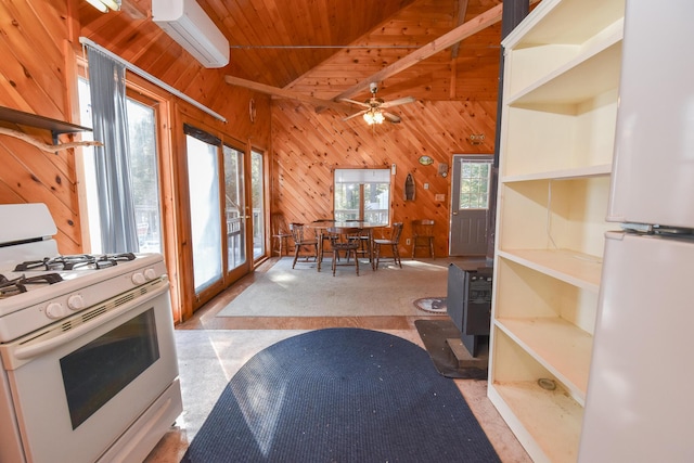 kitchen with white appliances, a wall unit AC, open shelves, wood walls, and wooden ceiling