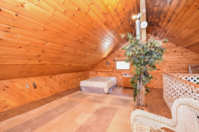 unfurnished bedroom featuring wooden ceiling, wood walls, and vaulted ceiling