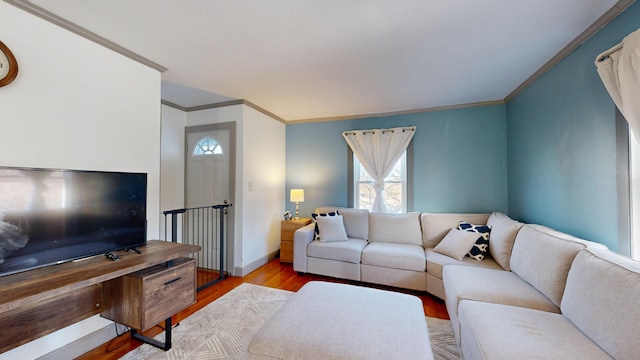 living room with wood finished floors, baseboards, and ornamental molding