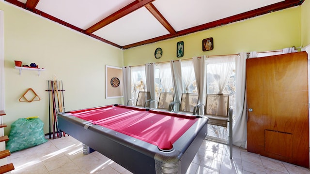 rec room with tile patterned floors, beamed ceiling, and pool table