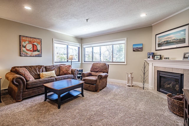 372 Skiway Rd Unit 204, Newry, ME 04261 - carpeted living room with a tile fireplace, a textured ceiling, recessed lighting, and crown molding