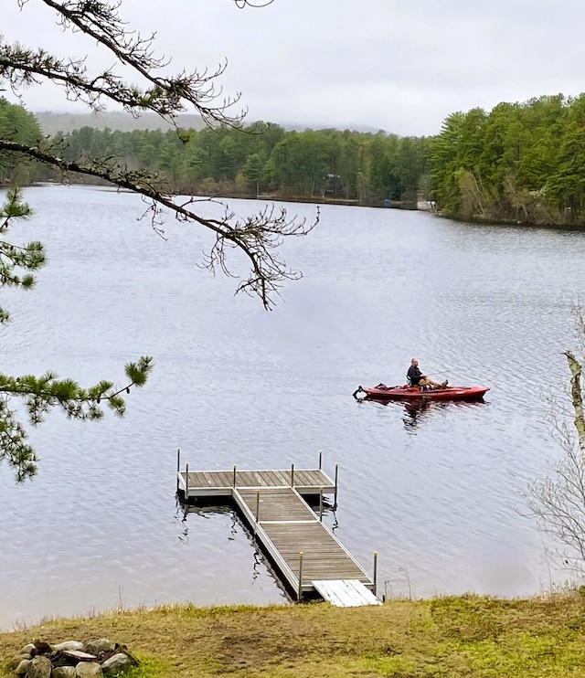 view of dock with a wooded view and a water view
