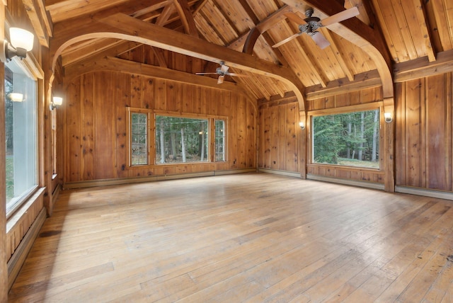 52 Main St, Sanford, ME 04083 - empty room featuring wood ceiling, a ceiling fan, lofted ceiling with beams, light wood finished floors, and wooden walls