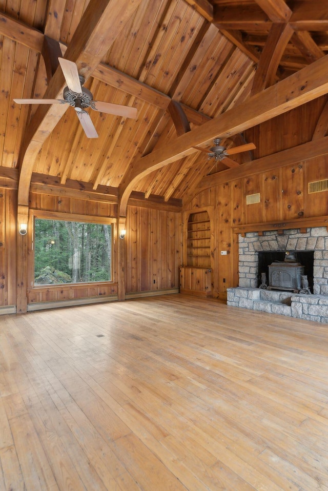 52 Main St, Sanford, ME 04083 - unfurnished living room with a ceiling fan, wood walls, visible vents, and beam ceiling