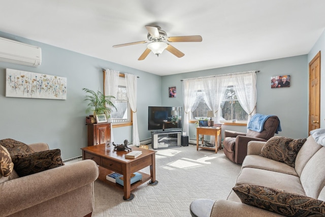 living room featuring ceiling fan, light carpet, a baseboard heating unit, and a wall mounted AC