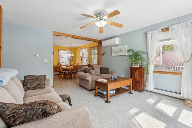 living room with a baseboard radiator, light carpet, an AC wall unit, and ceiling fan