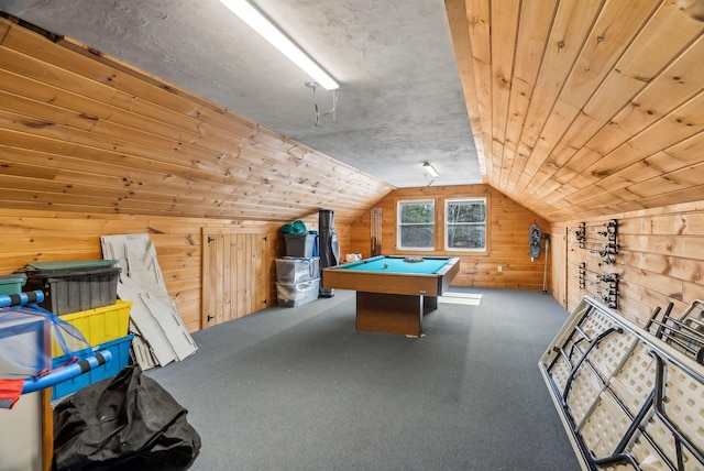 recreation room with carpet, lofted ceiling, pool table, wood walls, and wooden ceiling