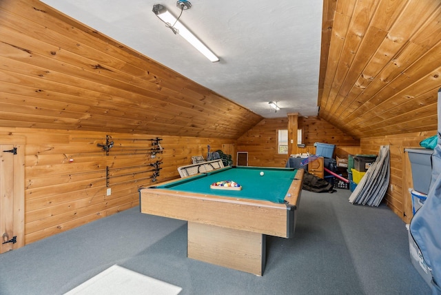 playroom featuring wooden walls, lofted ceiling, carpet floors, wooden ceiling, and billiards