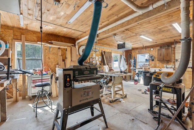 interior space featuring a wealth of natural light, a workshop area, wooden ceiling, and concrete floors