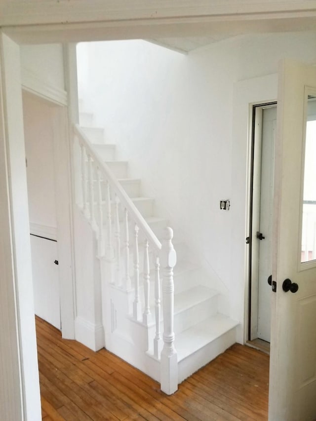 stairway with hardwood / wood-style flooring