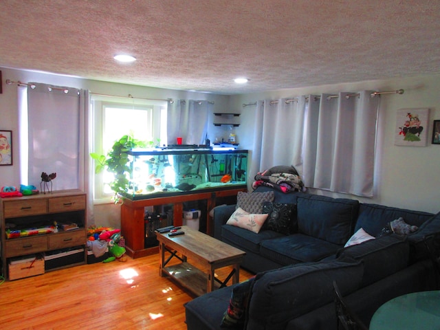 living area featuring a textured ceiling and wood finished floors