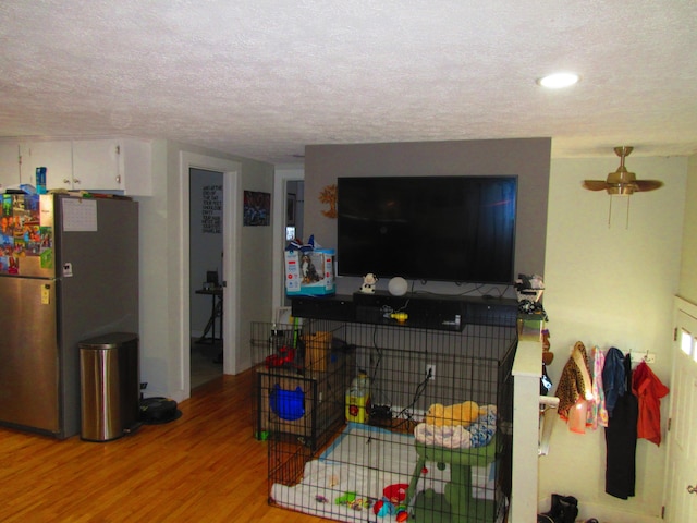 living room featuring wood finished floors and a textured ceiling